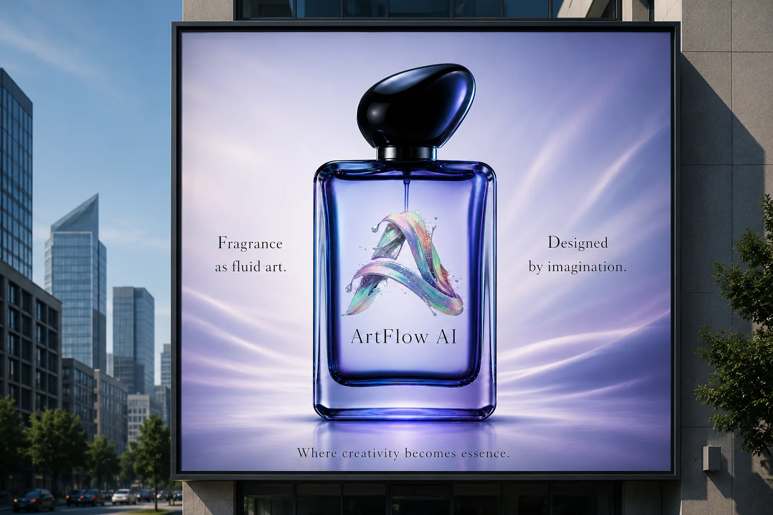 Флакон ArtFlow AI на городском рекламном билборде