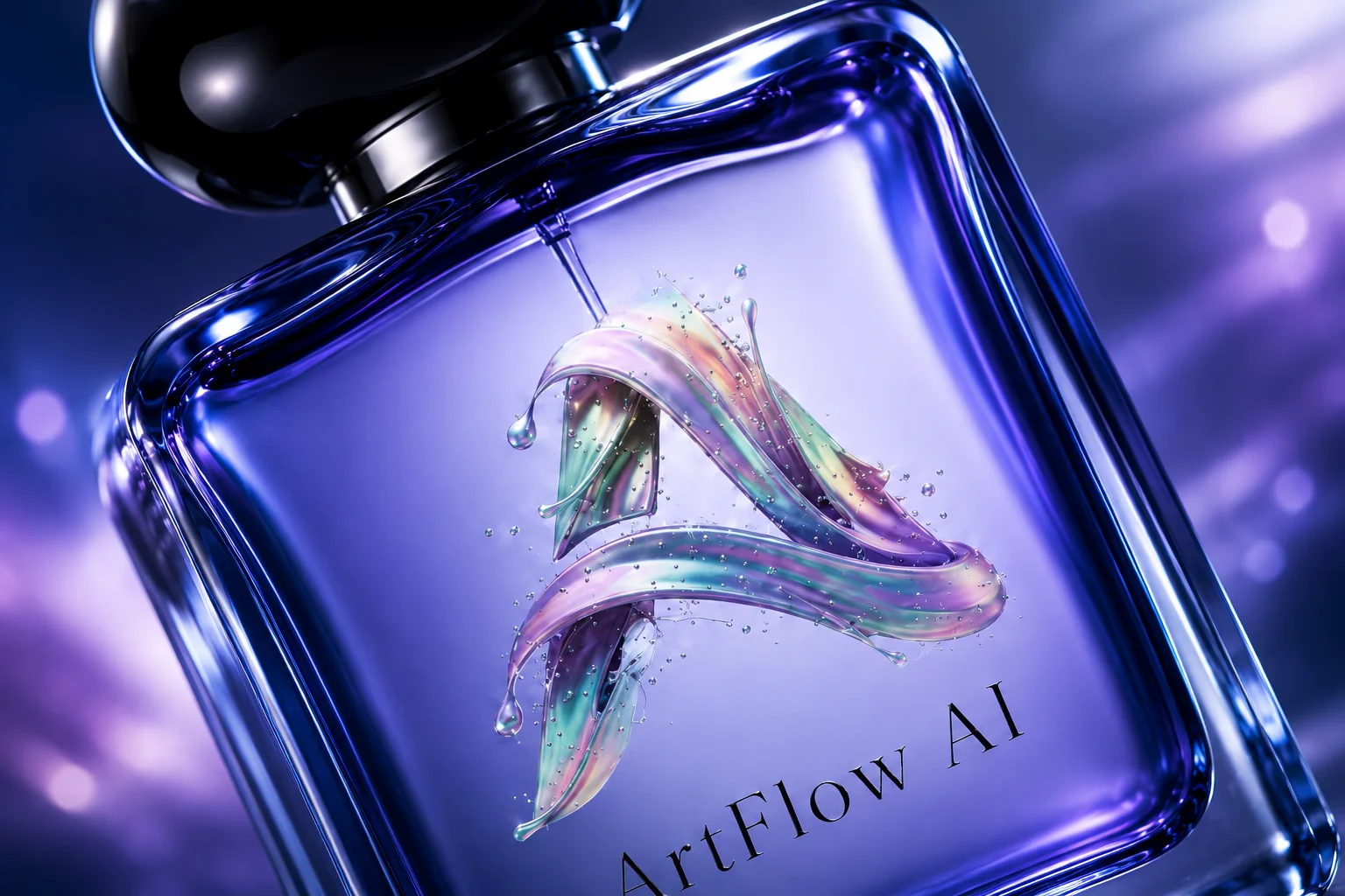 Крупный план флакона ArtFlow AI с акцентом на стекло и логотип