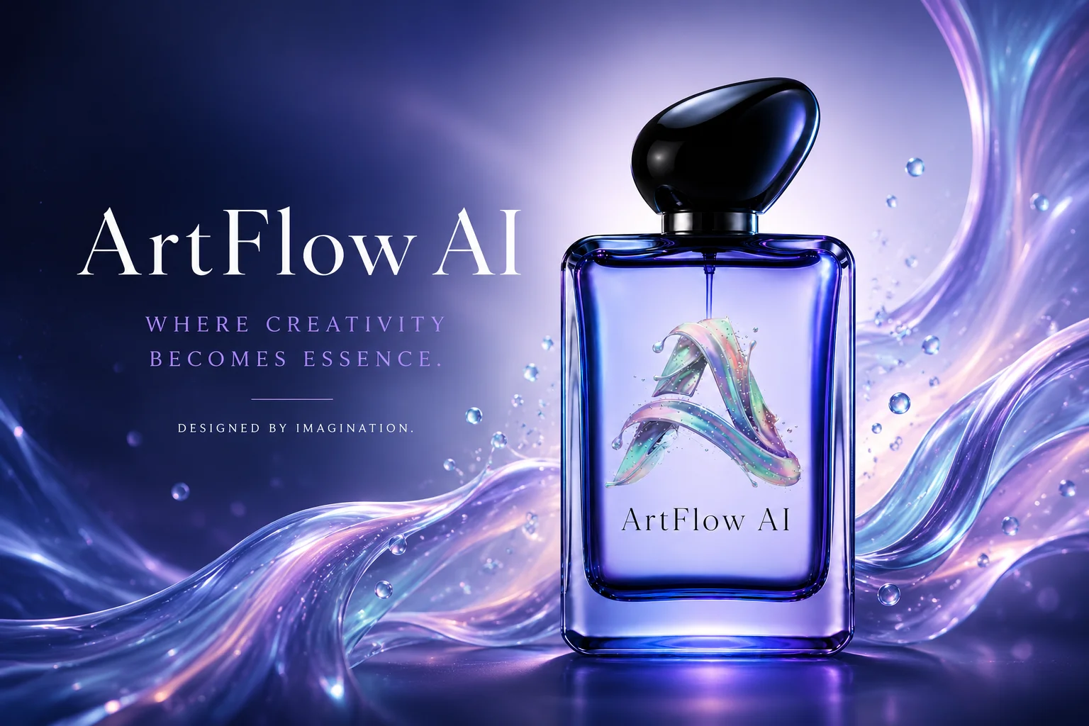 Флакон ArtFlow AI в главном рекламном кадре с фирменными переливами